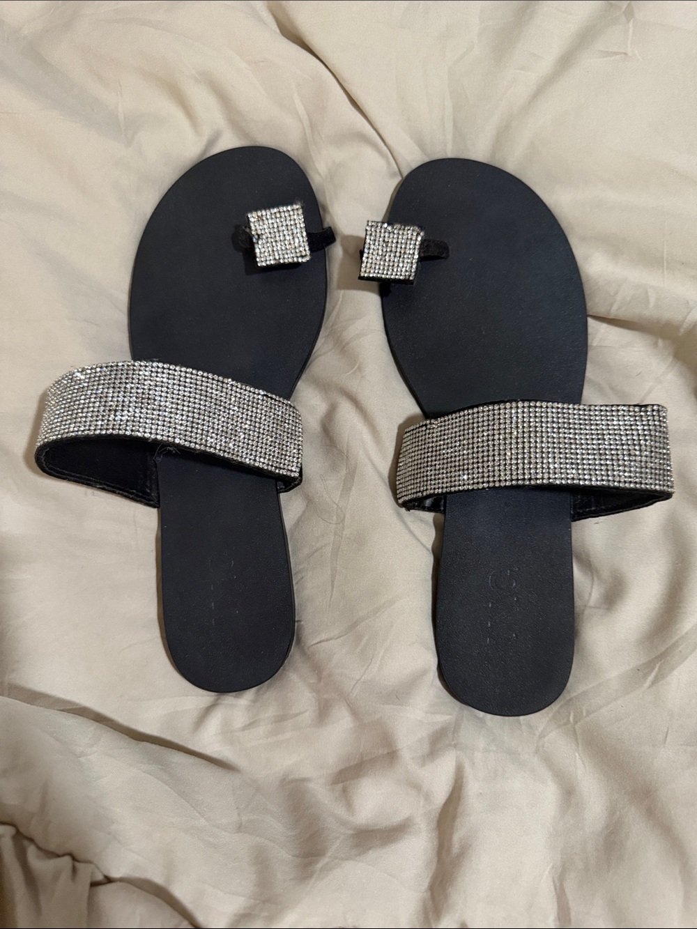 INC International Concepts Black Slide Sandals with Rhinestone Straps
